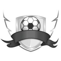 design scudo con nastro e pallone da calcio, logo di una squadra di calcio vettore