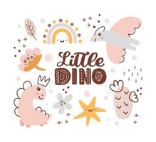 carino vettore bambini biglietto di auguri con dinosauro e testo bambino piccolo dino. e cactus, fiore, arcobaleno. illustrazione di stile scandinavo della ragazza di dino del fumetto. per la festa dei bambini