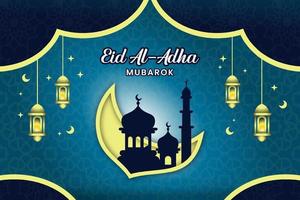 eid al-adha modello di banner disegno vettoriale con sfondo blu islamico e motivo lunare, moschea