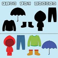 attività di sviluppo per bambini, trova un paio di vestiti identici tra impermeabile, ombrello, pantaloni, stivali, manica lunga. gioco di logica per bambini. vettore