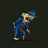 logo di arte dei morti viventi dell'uomo d'affari di zombie. design colorato con sfondo scuro. illustrazione vettoriale astratta. isolato con sfondo blu scuro per t-shirt, poster, abbigliamento, merchandising, abbigliamento.