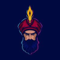 sultan arabian king logo linea vettoriale neon art potrait design colorato con sfondo scuro. illustrazione grafica astratta. sfondo nero isolato per t-shirt