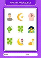 abbina con la stessa icona del ramadan del gioco di oggetti. foglio di lavoro per bambini in età prescolare, foglio attività per bambini vettore
