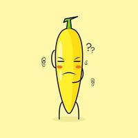 simpatico personaggio a banana con espressione pensante, una mano sulla testa e occhi chiusi. verde e giallo. adatto per emoticon, logo, mascotte vettore