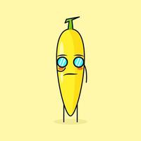 simpatico personaggio di banana con espressione fresca e occhiali. verde e giallo. adatto per emoticon, logo, mascotte o adesivo vettore
