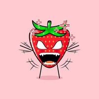 simpatico personaggio fragola con espressione arrabbiata. entrambe le mani alzate, gli occhi sporgenti e la bocca spalancata. verde e rosso. adatto per emoticon, logo, mascotte vettore