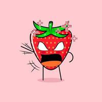 simpatico personaggio fragola con espressione arrabbiata. verde e rosso. adatto per emoticon, logo, mascotte. una mano alzata, gli occhi sporgenti e la bocca spalancata vettore