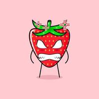 simpatico personaggio fragola con espressione arrabbiata. occhi sporgenti e sorridenti. verde e rosso. adatto per emoticon, logo, mascotte vettore