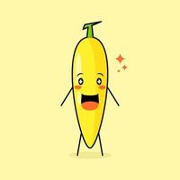 simpatico personaggio di banana con sorriso ed espressione felice, bocca aperta e occhi scintillanti. verde e giallo. adatto per emoticon, logo, mascotte e icona vettore