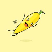 simpatico personaggio di banana con sorriso ed espressione felice, mosca, bocca aperta e occhi scintillanti. verde e giallo. adatto per emoticon, logo, mascotte e icona vettore