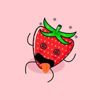 simpatico personaggio fragola con espressione da capogiro, occhi roteanti, sdraiato e lingua che sporge. verde e rosso. adatto per emoticon, logo, mascotte e icona vettore