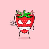 simpatico personaggio fragola con espressione arrabbiata. verde e rosso. adatto per emoticon, logo, mascotte. una mano alzata, gli occhi sporgenti e sorridenti vettore