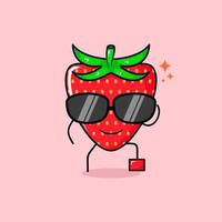 simpatico personaggio fragola con espressione sorridente, occhiali neri, una gamba sollevata e una mano che tiene gli occhiali. verde e rosso. adatto per emoticon, logo, mascotte o adesivo vettore