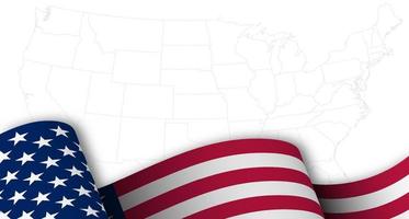 bandiera americana in movimento, svolazzante nel vento sulla mappa di sfondo con i confini degli stati d'america. stella principale e simbolo a strisce degli Stati Uniti. modello per il design delle vacanze vettore