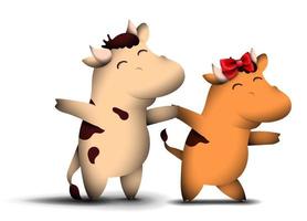felice piccolo toro e mucca simbolo del 2021 secondo il calendario cinese ballano al carnevale con un sorriso soddisfatto sul viso. Capodanno di buon umore. animali divertenti. vettore