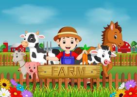 scene di fattoria con molti animali e contadini vettore