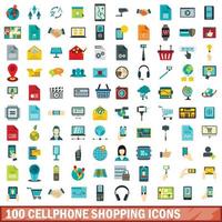 100 set di icone per lo shopping del cellulare, stile piatto vettore