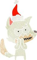 cartone animato retrò di una volpe sorridente che indossa il cappello di Babbo Natale vettore