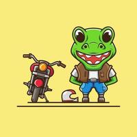 simpatico logo del personaggio del motociclista di dinosauro. illustrazione vettoriale astratta.