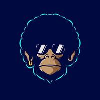 vettore di logo divertente scimmia funky. afro ape neon art design con sfondo scuro. illustrazione grafica astratta. sfondo nero isolato per t-shirt, poster, abbigliamento, merchandising, abbigliamento, design distintivo