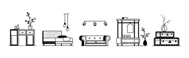 collezione di oggetti per interni. nero su bianco mobili minimalisti in una vista frontale disposti in fila. illustrazione stock vettoriale isolato su sfondo bianco.