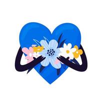 un grande cuore azzurro tiene tra le mani un bel mazzo di fiori. simbolo d'amore con mazzi di fiori in mano. illustrazione del personaggio dei cartoni animati di vettore isolata su sfondo bianco.