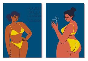 raccolta di carte poster femminili primo piano in un bikini giallo. giovani donne abbronzate con un telefono in mano. impostare illustrazioni vettoriali di bellezza femminile e corpo in stile cartone animato.