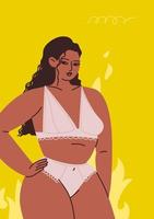 poster con una donna in lingerie. giovane donna su sfondo giallo. una bruna abbronzata si erge su uno sfondo di fiamme. illustrazione vettoriale per cartolina, poster.