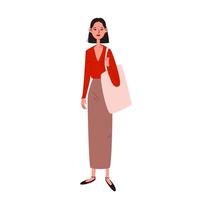 una bella giovane donna con un maglione rosso con una profonda scollatura e una lunga gonna beige con una borsa shopper. una donna con i capelli corti sta davanti a lei in abiti casual. illustrazione vettoriale su bianco