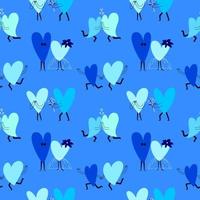 modello blu senza cuciture con cuori di cartone animato. le coppie innamorate di diverse sfumature si abbracciano piene di sentimenti e fanno regali. illustrazione stock vettoriale nei colori blu.