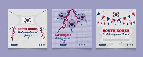 banner post sui social media per la celebrazione del giorno dell'indipendenza della corea del sud con design 3d con bandiera sventolante vettore