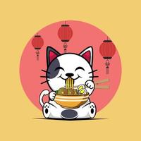 simpatico gatto che mangia ramen noodle con l'illustrazione dell'icona del fumetto delle bacchette. concetto di icona di cibo per animali isolato. stile cartone animato piatto vettore