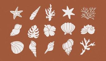 icone estive con coralli, foglie di palma e conchiglie. carino mare, oceano e sfondo marrone con sabbia. per i social media, l'affitto di alloggi e i servizi di viaggio. vettore