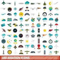 100 icone dell'aviazione impostate, stile piatto vettore