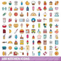 100 icone della cucina impostate, stile cartone animato vettore