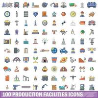 100 impianti di produzione set di icone, stile cartone animato vettore