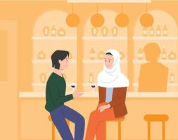 due amici bevono vino in un bar e parlano. una donna indossa un hijab. vettore