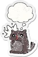 cartone animato scioccato gatto e bolla di pensiero come un adesivo consumato in difficoltà