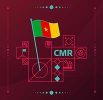 Camerun World Football Tournament 2022 vettore bandiera ondulata appuntata su un campo da calcio con elementi di design. Fase finale del torneo mondiale di calcio 2022. colori e stile non ufficiali del campionato.