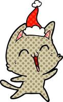felice illustrazione in stile fumetto di un gatto che indossa il cappello di Babbo Natale vettore