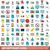 100 icone software impostate, stile piatto vettore