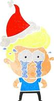 cartone animato retrò di un uomo piangente che indossa il cappello di Babbo Natale vettore