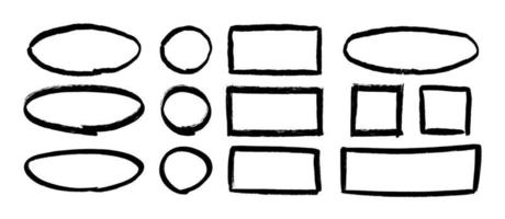 grunge disegnati a mano cerchi, rettangoli e ovali. raccolta di cerchi di evidenziazione strutturati e cornici quadrate. doodle bordi circolari per il design del diario proiettile. illustrazioni vettoriali su sfondo bianco