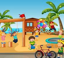 parco giochi sulla spiaggia con bambini felici vettore
