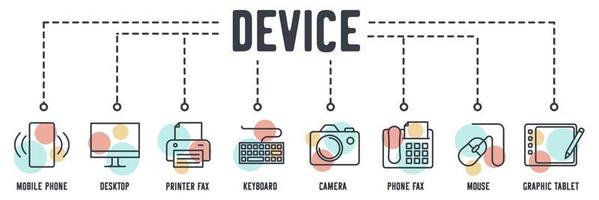 icona web del dispositivo tecnologico. telefono cellulare, desktop, stampante fax, tastiera, fotocamera, telefono fax, mouse, tavoletta grafica concetto di illustrazione vettoriale. vettore