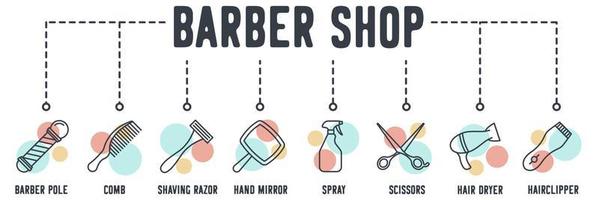 icona web del negozio di barbiere. pettine, rasoio da barba, specchietto, spray, forbici, asciugacapelli, concetto di illustrazione vettoriale per tagliacapelli.