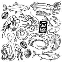 impostare il doodle disegnato a mano di frutti di mare vettore