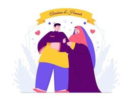 islamico coppia carina invito a nozze modello concetto illustrazione vettoriale idea per modello pagina di destinazione, giorno del matrimonio, fidanzamento, cerimonia romantica, per biglietto di auguri stile piatto disegnato a mano