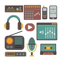 set vintage retrò di apparecchiature podcast o elementi di strumenti, bundle groovy. etichetta adesiva di oggetti vintage in stile anni '70, '80, '90. illustrazione piatta con microfoni, mixer, cuffie e altoparlanti vettore