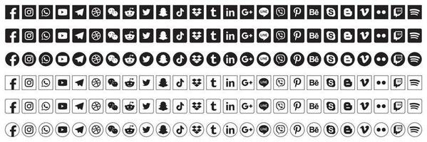 imposta le icone dei social media popolari. facebook, instagram, twitter, youtube, pinterest, behance, google, linkedin, whatsap, snapchat e molti altri. illustrazione vettoriale editoriale